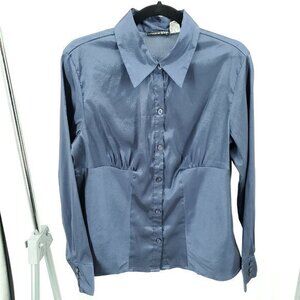 VTG Y2K Fashion Bug Shiny Stretchy Paneled Button Up Long Sleeve Top M Blue